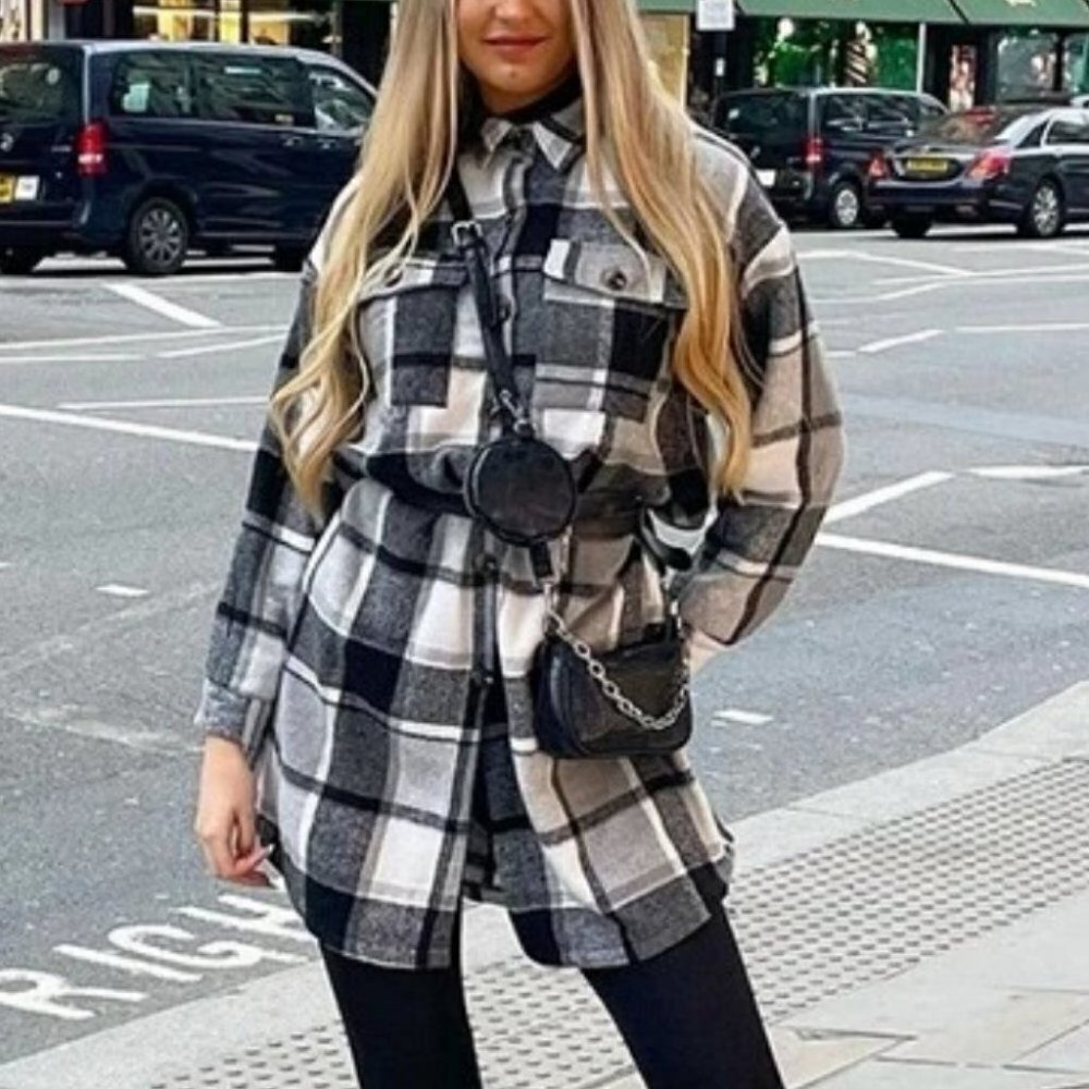 Boho  Plaid Print Flap Pocket button down Duster Jacker Coat black white